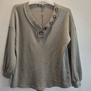 BTFBM Women's Waffle Knit Button Henley Top Long Sleeve Green Size L